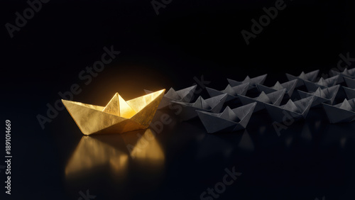 Leadership Concept Golden Paper Boat Leading a Fleet of Gray Boats, Symbolizing Guidance