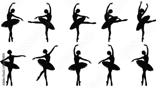 A group of ballet dancers in various poses on white background