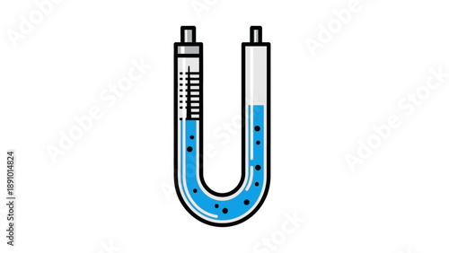 Illustration of a U-shaped manometer with blue liquid and black markings on a white background.