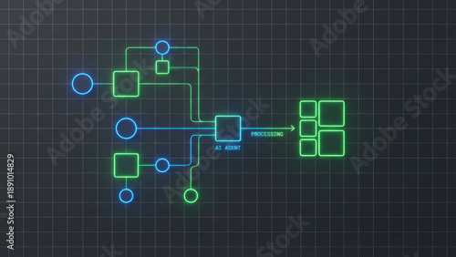 Modern AI Agent Neural Network Diagram with Neon Lights on Grid Background