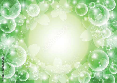 桜シャボン背景、緑、かわいい、イラスト