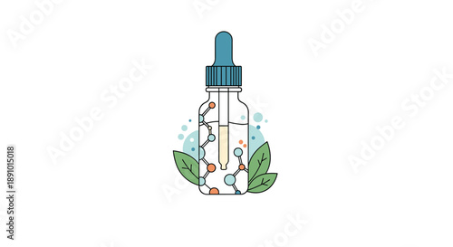 Clear glass dropper bottle containing liquid with chemical structures, bubbles, and green leaves symbolizing natural ingredients.