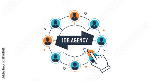 Professional job agency concept showing people icons connected in a circle around an arrow with the word job agency.