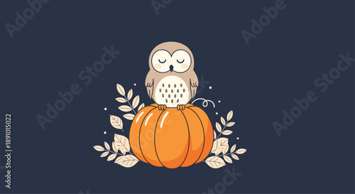 Cute little owl character with closed eyes sitting on top of an orange pumpkin surrounded by autumn leaves.