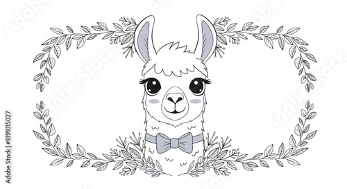 Cute cartoon llama head with large eyes and a bow tie centered in a horizontal frame of delicate branches and flowers.