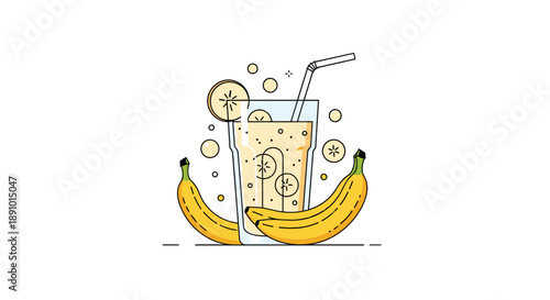Refreshing banana smoothie in a glass with a straw, fruit slices, and bubbles surrounded by fresh yellow bananas.