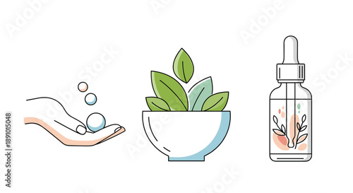 Icons representing natural skin care products including a hand with drops, a bowl of leaves, and a serum bottle.