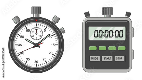 Illustration of a traditional analog stopwatch and a digital timer side by side on a white background.