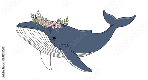 Large blue whale illustration floating peacefully with a delicate wreath of pink flowers and green leaves on its head.