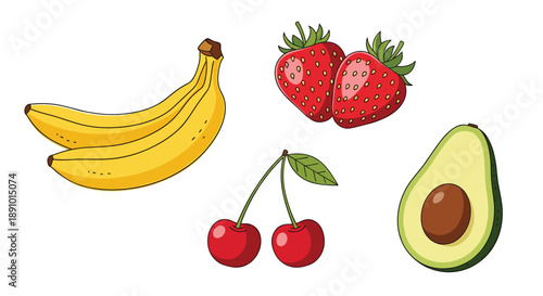 Selection of colorful fresh fruits including a bunch of bananas, strawberries, cherries, and a sliced avocado with pit.