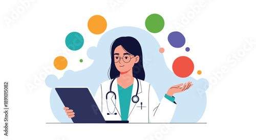 Female doctor in a white coat with a stethoscope holding a laptop while colorful circles float around her.