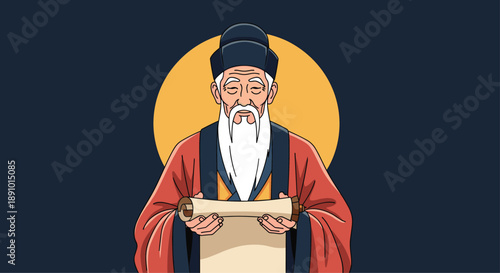 Portrait of a wise old Asian man with a long white beard holding a parchment scroll against a circular yellow light.