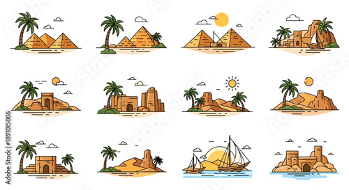 Collection of various line art icons representing ancient Egyptian monuments and desert landscapes with pyramids and palm trees.
