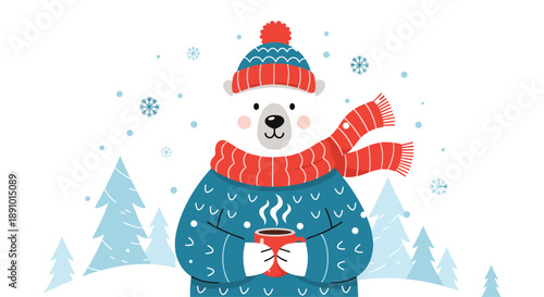 Cute polar bear character wearing a warm winter sweater and scarf while holding a steaming mug of hot cocoa in the snow.