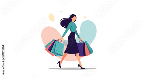 Stylish woman walking confidently while carrying multiple colorful shopping bags against a background of abstract shapes.