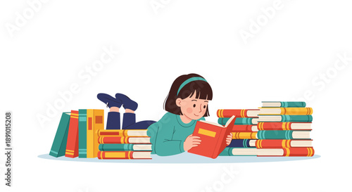 Young girl lying on the floor and focused on reading a red book while surrounded by many stacks of colorful textbooks.