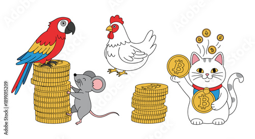 Whimsical scene featuring a parrot, mouse, chicken, and cat interacting with stacks of golden bitcoin and crypto coins.