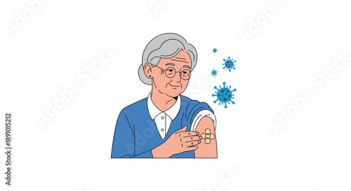 Senior woman showing a bandage on her arm after receiving a vaccination while blue virus particles float in the background.