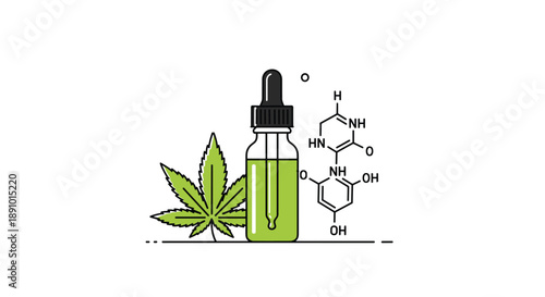 Medical illustration of a glass dropper bottle containing green oil next to a cannabis leaf and a chemical molecular formula.