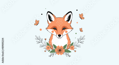 Adorable red fox character looking forward while surrounded by delicate flowers leaves and fluttering orange butterflies.