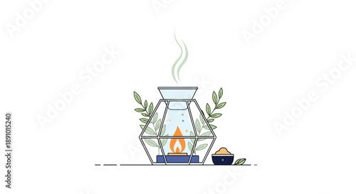 Elegant aroma diffuser with a burning candle flame surrounded by fresh green leaves and a small bowl of incense.