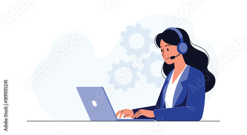 Professional woman wearing a blue headset while working diligently on a laptop computer with gear icons in the background.