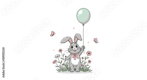 Charming rabbit character holding a large balloon while standing in a field of flowers with fluttering pink butterflies.