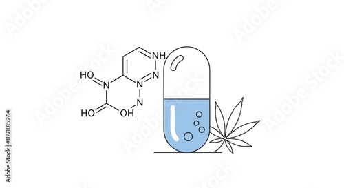Medical graphic of a blue and white pharmaceutical capsule next to a green cannabis leaf and a chemical molecular formula.
