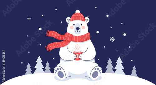 Cute polar bear wearing a red knit hat and striped scarf sits in the snow while holding a steaming hot cup of coffee on a winter night.