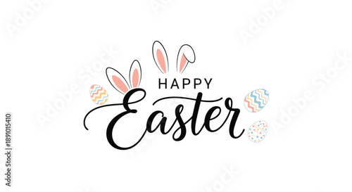Happy Easter text in elegant calligraphy is decorated with cute bunny ears and colorful patterned eggs on a clean white horizontal layout.