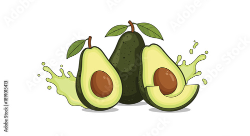 Fresh green whole and halved avocados with large brown seeds are displayed with a vibrant splash of juice against a white background.