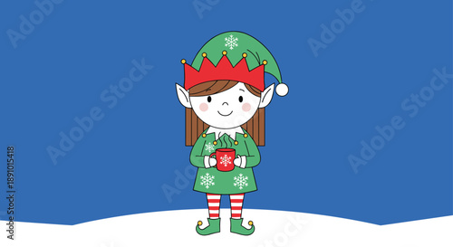 Charming Christmas elf girl wearing a green outfit and a tall red crown hat holds a red mug with a snowflake design on a snowy blue backdrop.