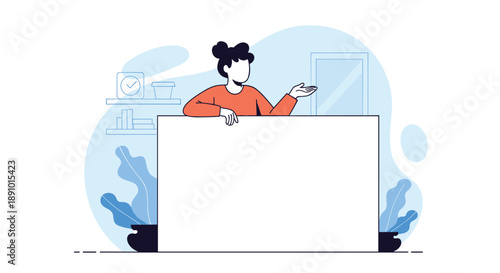 Young woman with dark hair leans over a large blank white board while gesturing with one hand in a clean modern office or room setting.