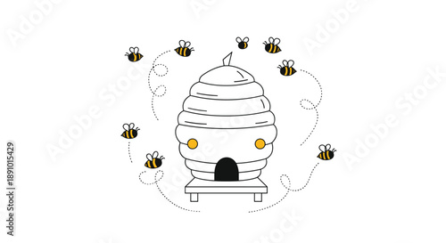 Large round beehive with several small bees flying around it is depicted in a clean line art style with yellow accents on a white background.