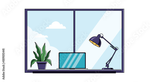 Modern workspace scene features a laptop, desk lamp, and potted plant arranged on a desk in front of a window with clouds in the sky outside.
