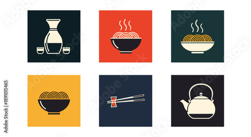 Set of six colorful square icons representing Japanese food and drink culture with ramen bowls, sake, and a traditional teapot.