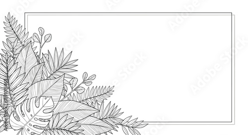Tropical leaf border design with hand drawn exotic foliage in a dense cluster on the corner of a rectangular frame template.
