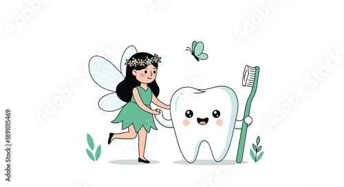 Cute tooth fairy character holding hands with a smiling anthropomorphic tooth holding a green toothbrush on a white background.