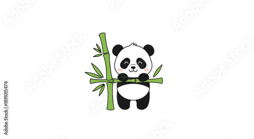 Cute panda bear cartoon character happily holding a green bamboo stalk isolated on a plain white background for kids design.