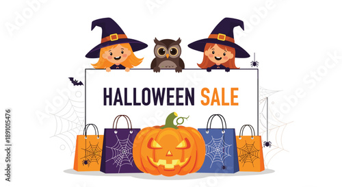Halloween sale advertisement banner featuring cute witches, a wise owl, shopping bags, and a carved jack o lantern pumpkin.