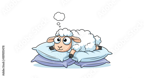 Adorable white sheep cartoon character lying down on a pile of soft pillows and thinking with a small dream bubble above.
