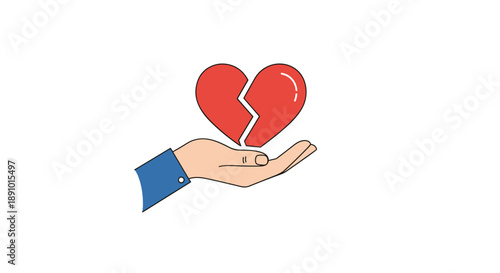 Minimalist flat illustration of a human hand gently holding a broken red heart symbol representing heartbreak and sadness.