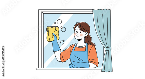 Young woman wearing blue gloves and an orange shirt cleaning a window pane with a sponge and bubbly soap suds at home.