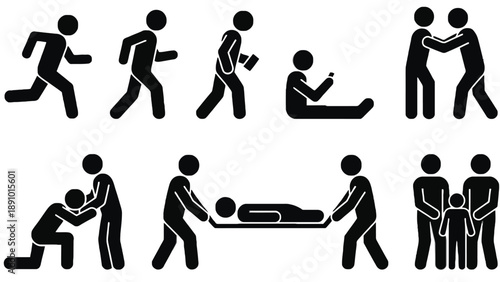 A series of black and white pictograms depicting first aid techniques