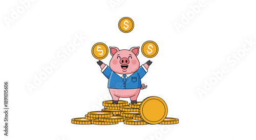 Wealthy pig character wearing a blue suit throwing golden coins in the air while standing on a large pile of money.