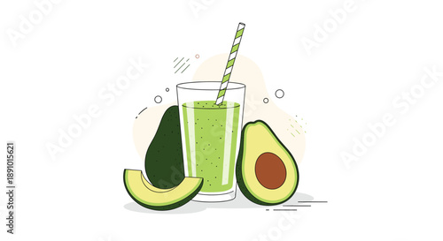 Glass of healthy green avocado smoothie with a striped straw surrounded by fresh whole and halved avocado fruits.