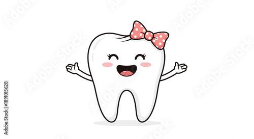 Happy anthropomorphic tooth character with a pink polka dot bow on its head and arms wide open in a friendly gesture.