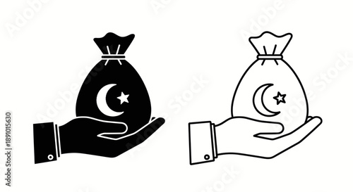 Hands holding money bags with crescent moon and star