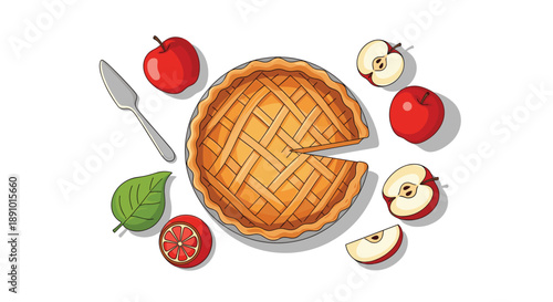 Delicious homemade apple lattice pie with fresh red apples and a slice of citrus grapefruit on a clean white background.