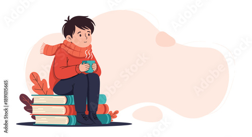 Young boy wearing a cozy red sweater and scarf sits on a stack of books while holding a hot cup of steaming herbal tea.
